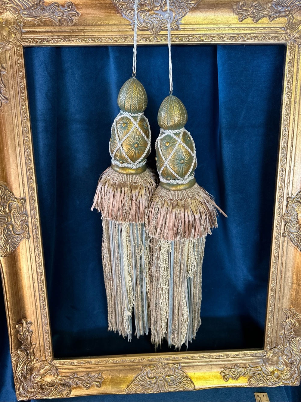 Set of 2 Large Decorative Curtain Tie Back Hanging Tassels Sage Green Gold 20”